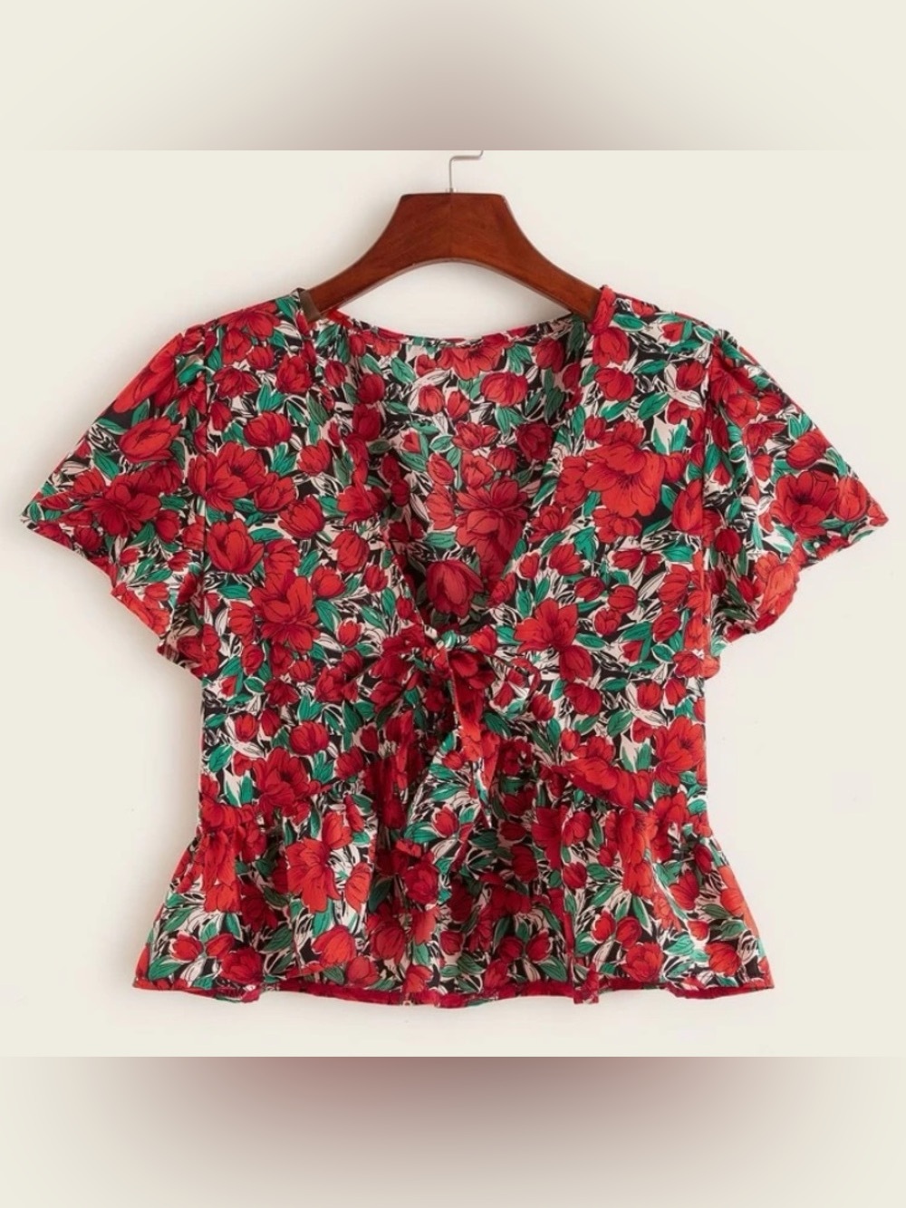 Shein Floral Tie-Front Flutter Sleeve Top - Red